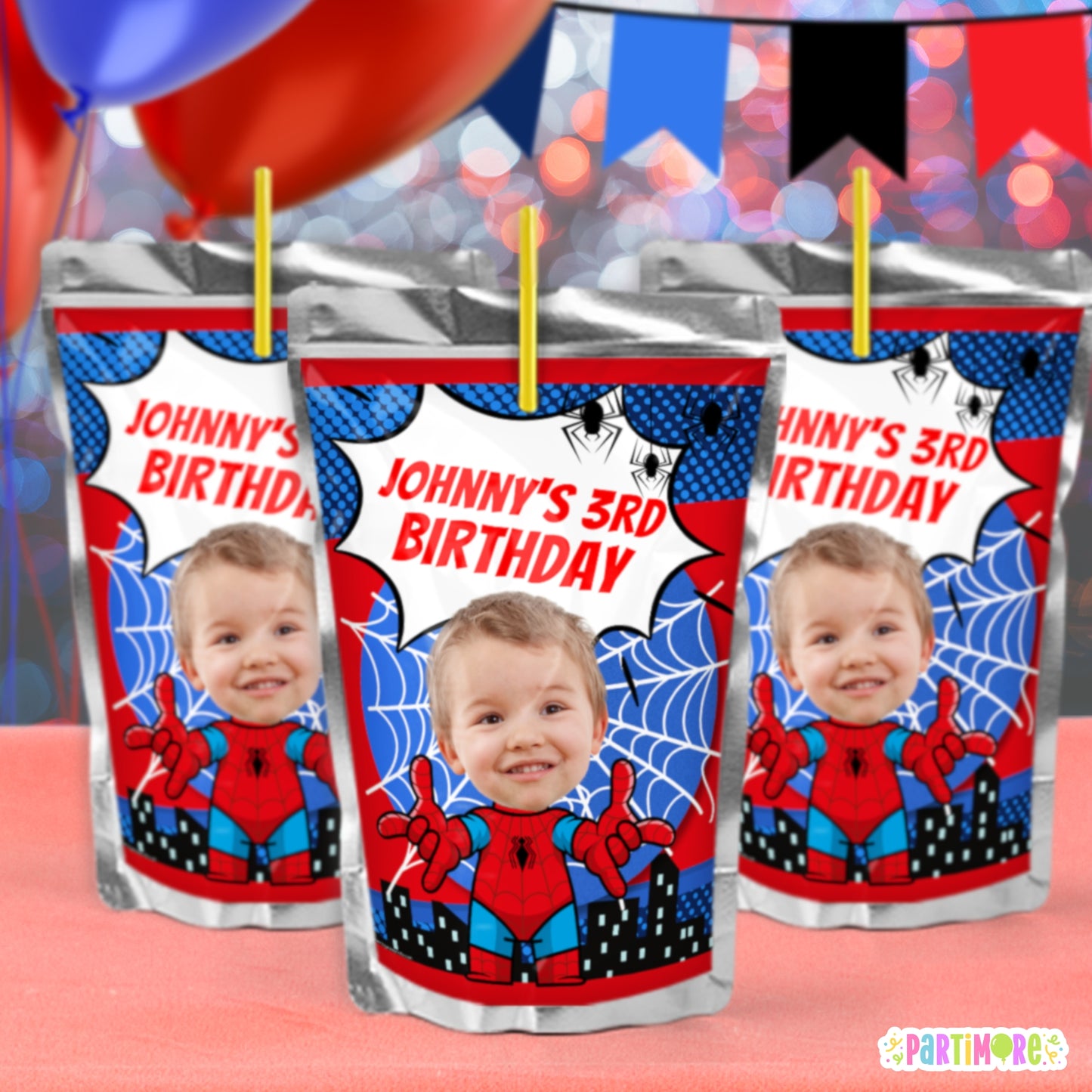 Personalized Spider Hero Juice Pouch Labels | Custom Spider Birthday Party Decorations