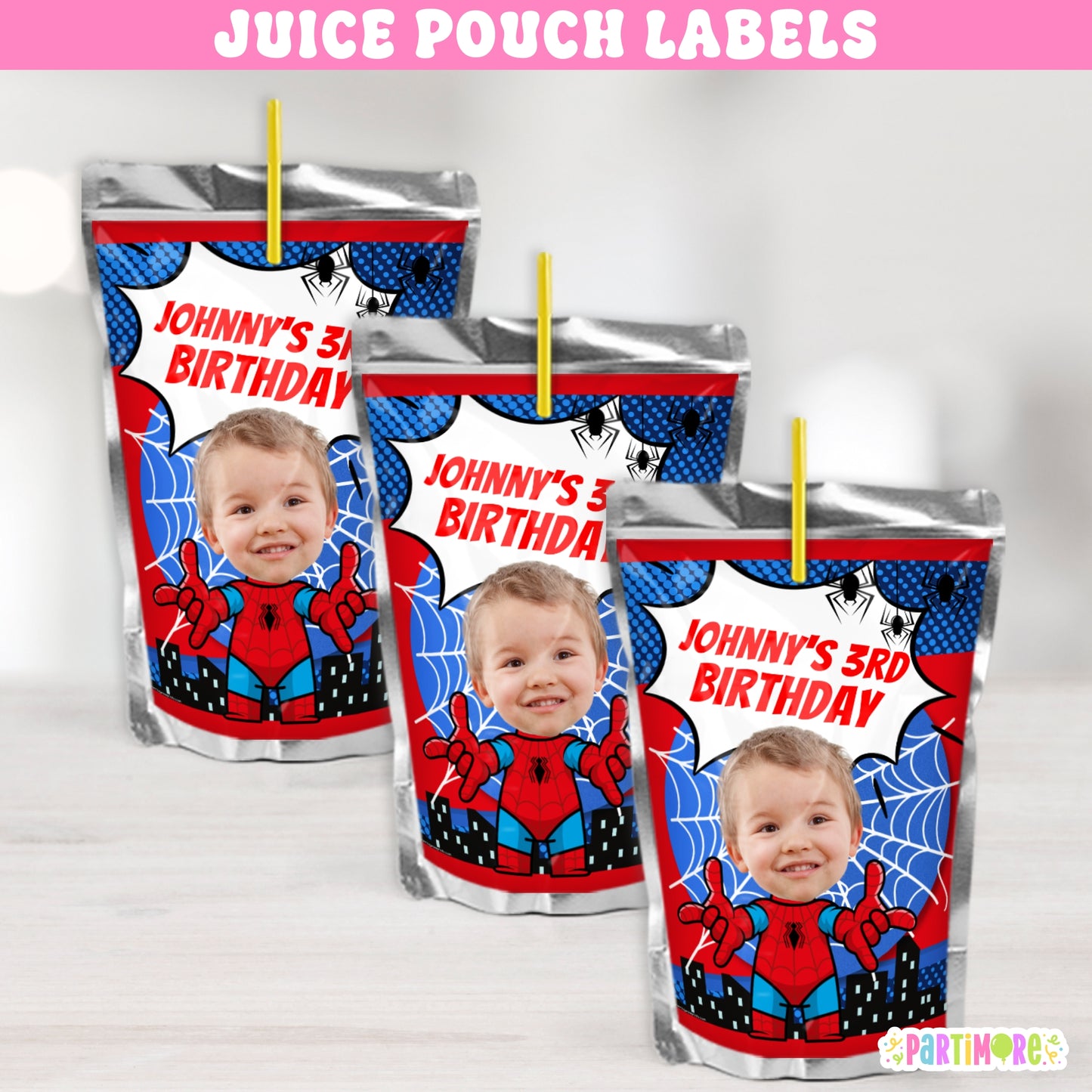 Personalized superhero juice pouch labels with bold city hero design, great for web themed birthday party favors, comic hero decorations, and kids’ drink station setup