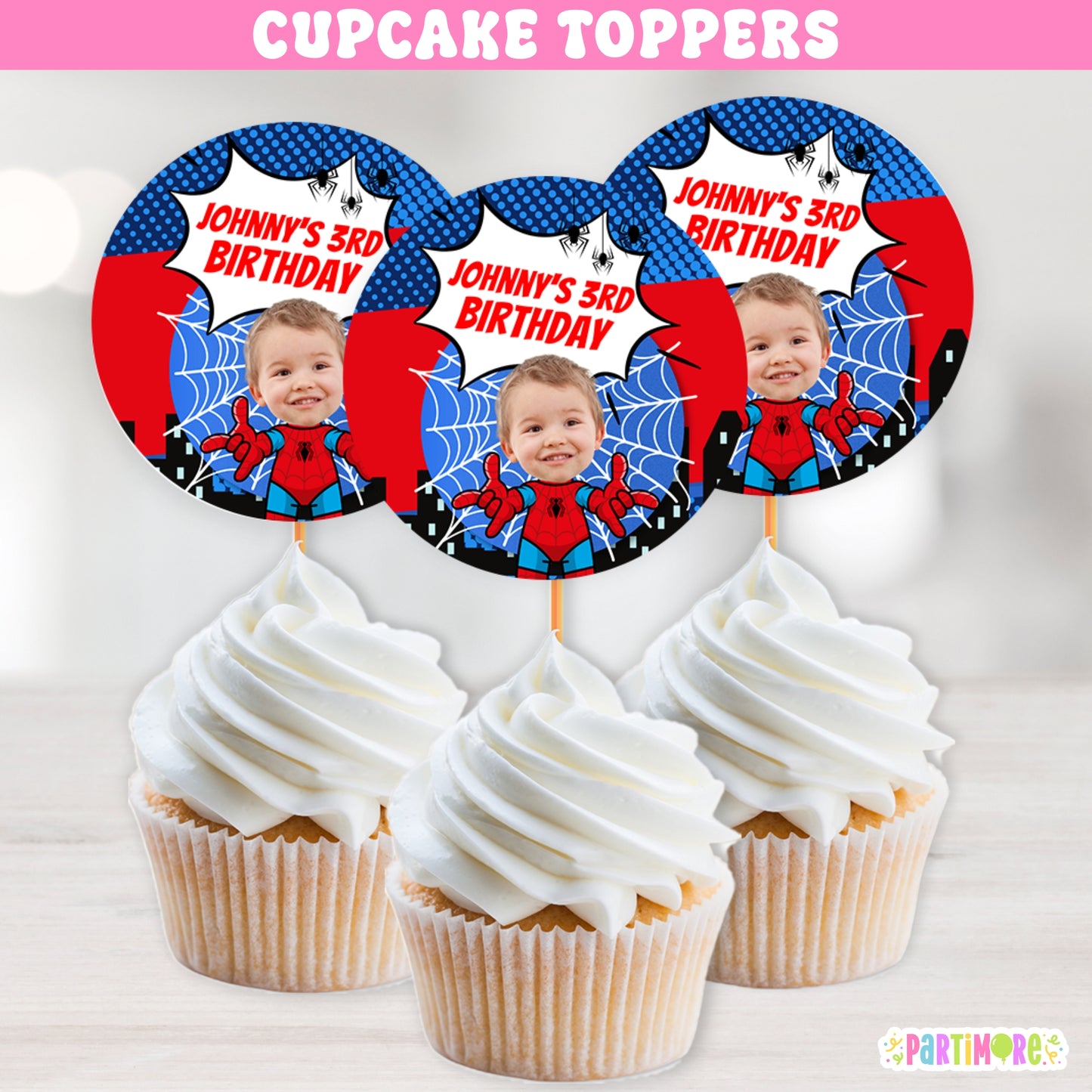 Spider hero kid web themed cupcake toppers with city skyline design, perfect for comic book birthday decorations, boys’ and girls’ superhero parties, and dessert table deco