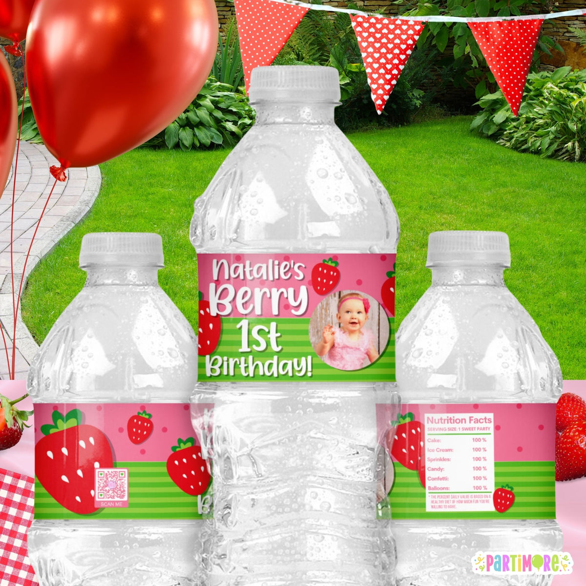 Personalized Strawberry Water Bottle Labels – Berry First Birthday Party, Set of 12