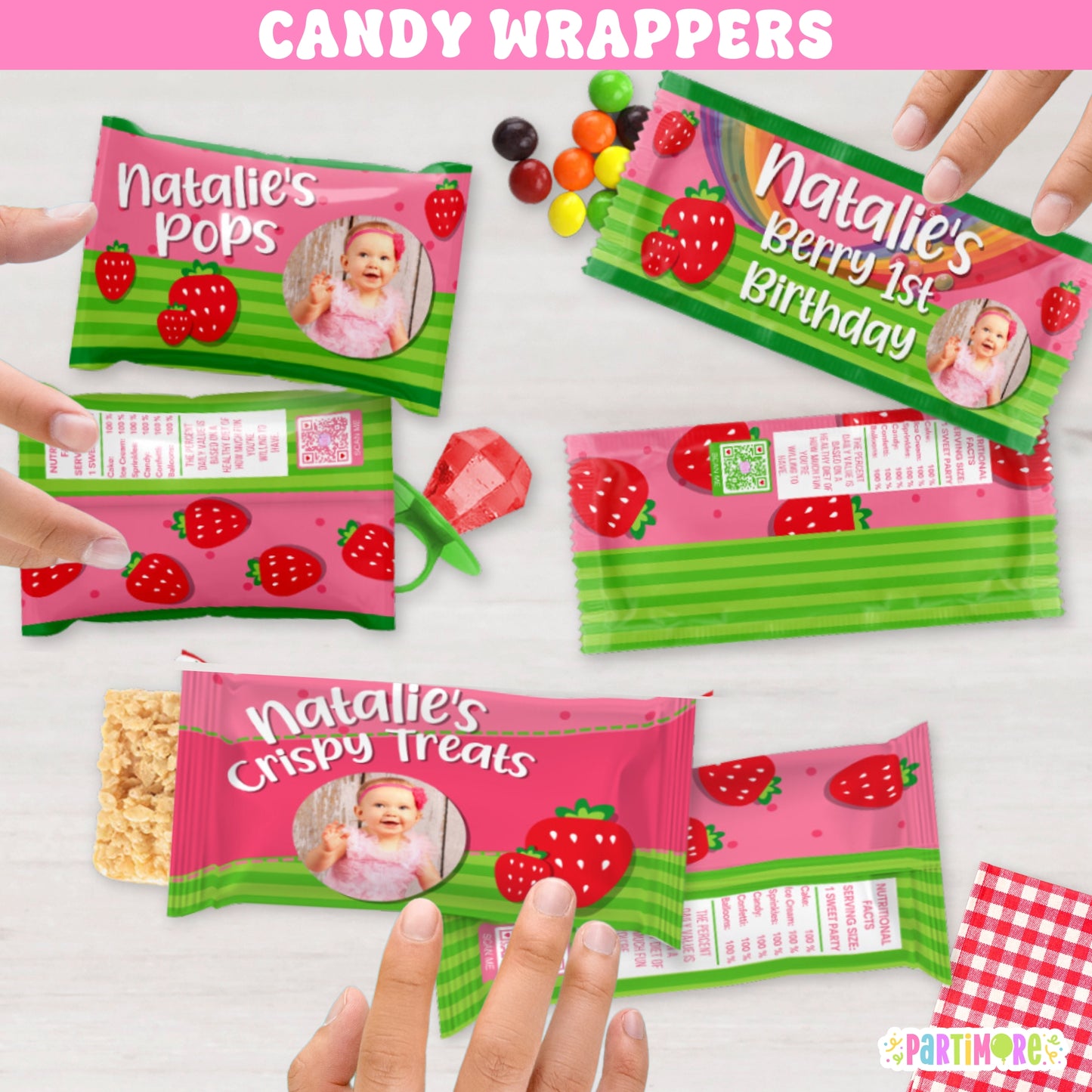 One Berry sweet birthday candy wrappers for first birthday party favors with strawberry fruit design, personalized with name and age