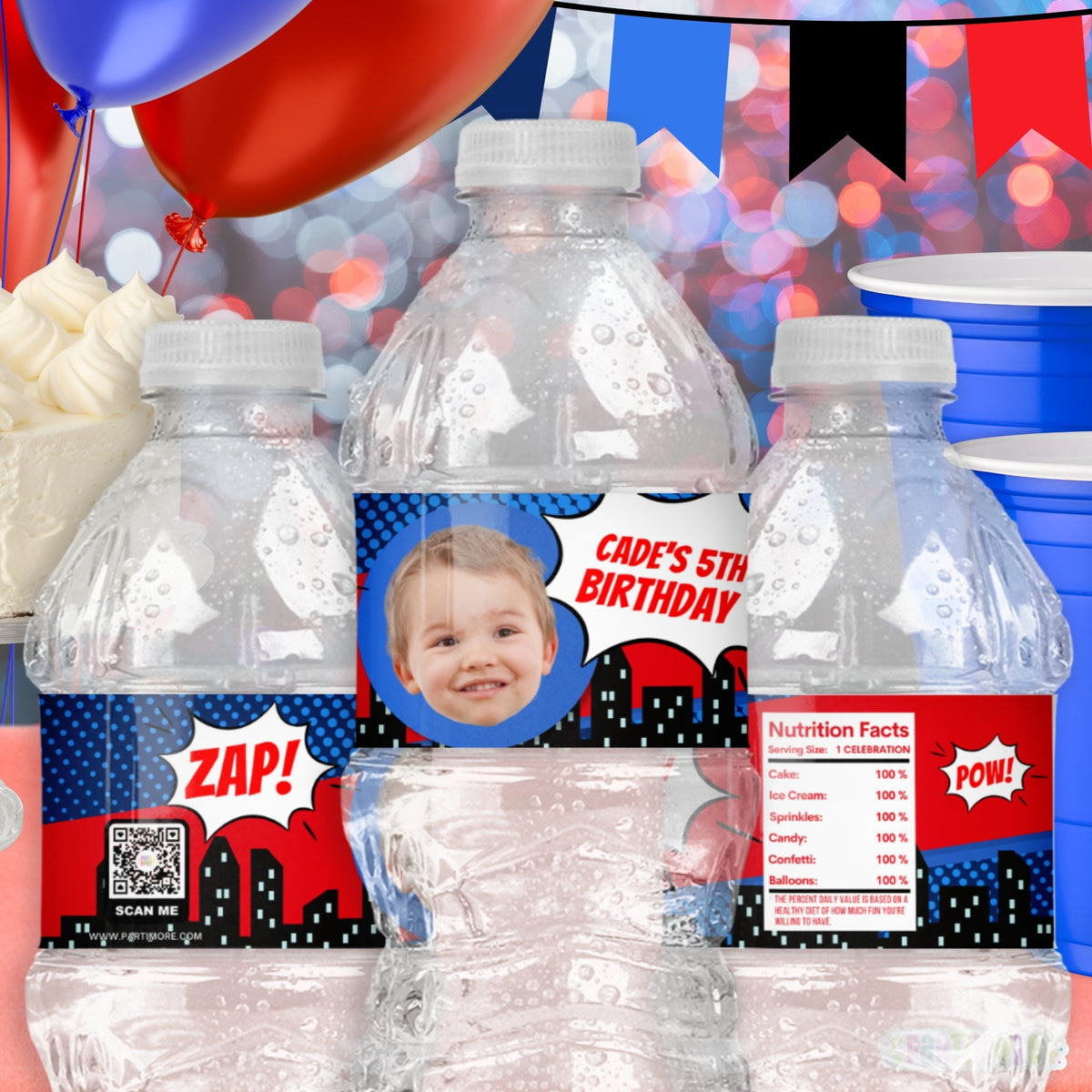 Personalized Comic Style Water Bottle Labels | Boys Blue and Red Birthday Party Favors