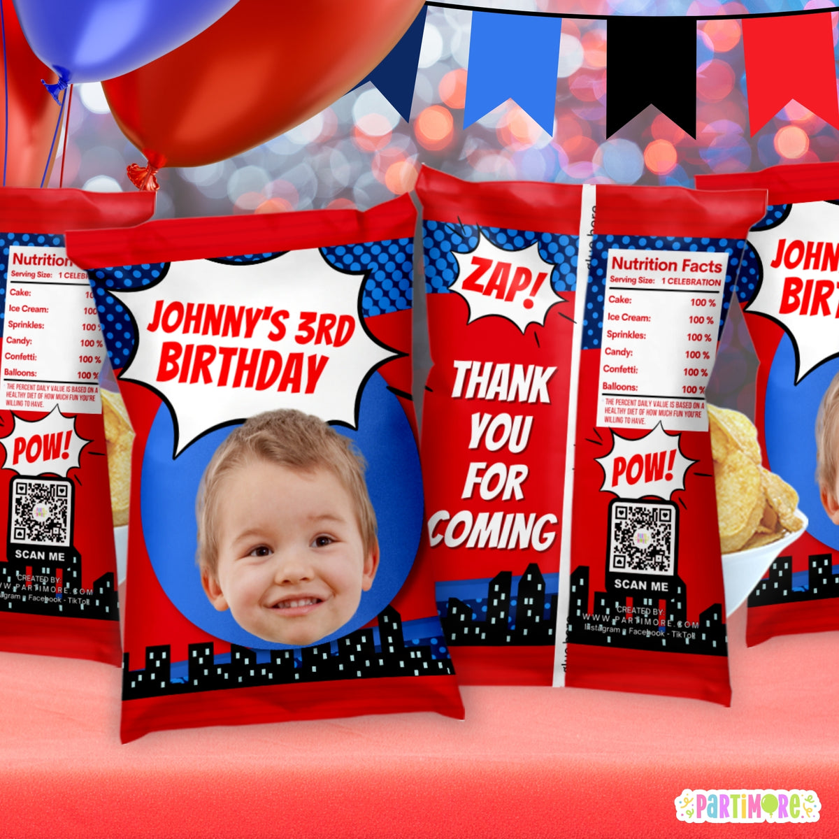 Custom Comic Themed Chip Bag Wrappers | Personalized Red and Blue Party Favors | Boy Birthday Decor