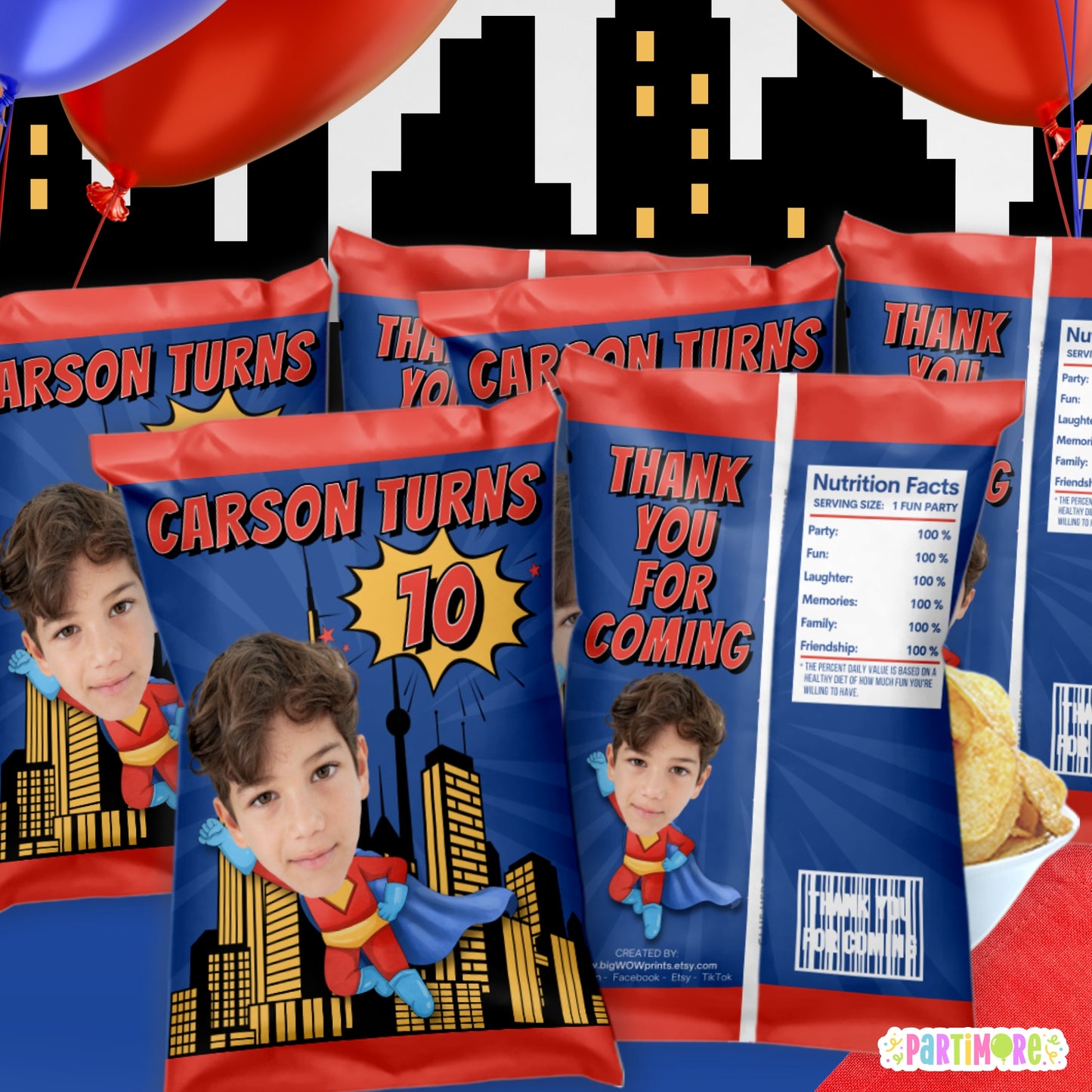 Personalized Flying Superhero Chip Bags | Custom Kids Comic Themed Birthday Party Favors Snack Bags