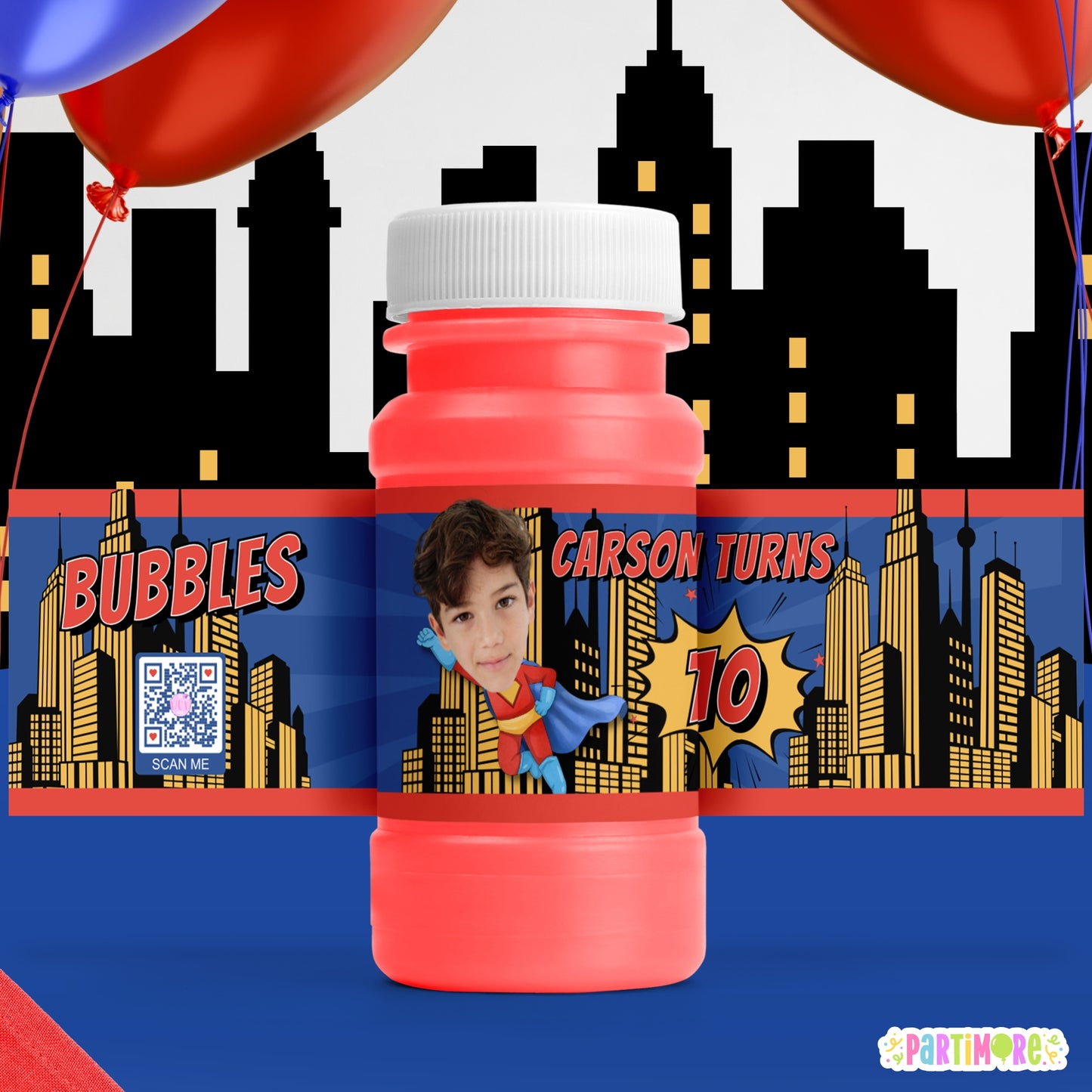 Personalized Flying Superhero Bubble Bottle Labels | Comic Party Stickers