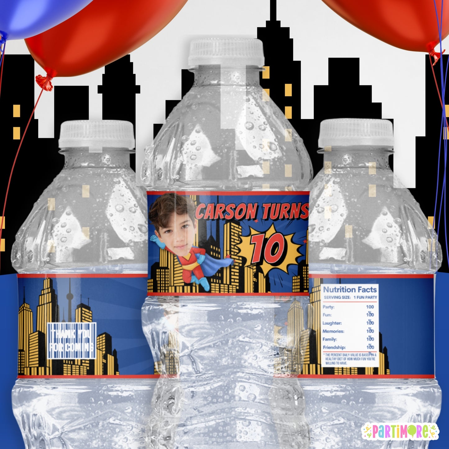 Flying Superhero Water Bottle Labels | Personalized Comic Party Stickers