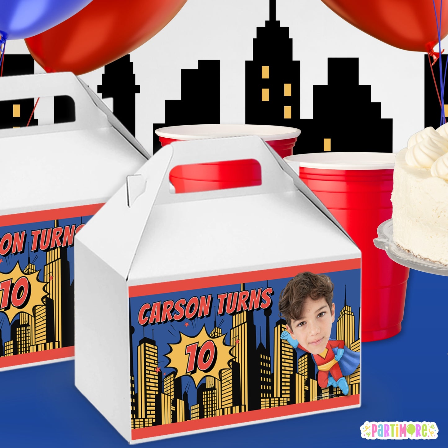 Flying Superhero Gable Box Labels | Personalized Comic Favor Stickers