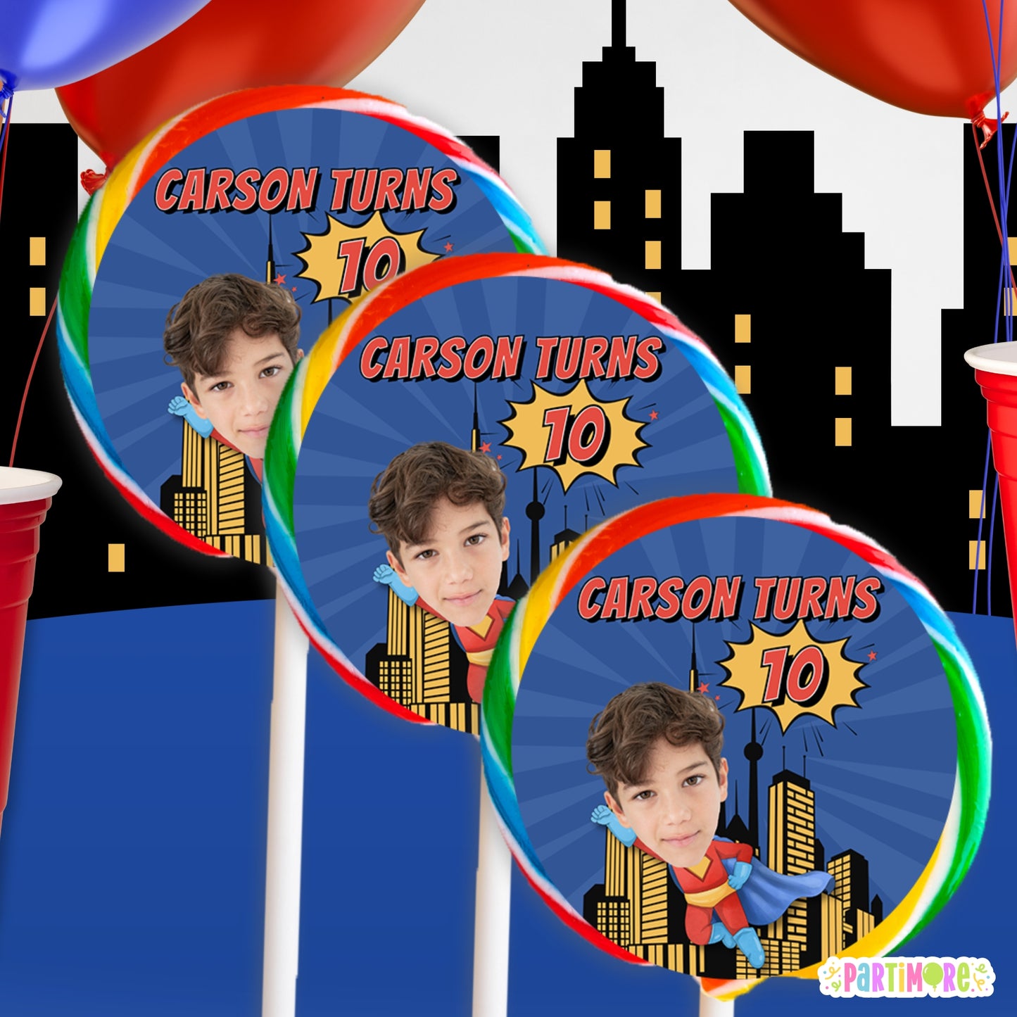 Personalized Flying Superhero Lollipop Round Stickers | Custom Comic Party Labels