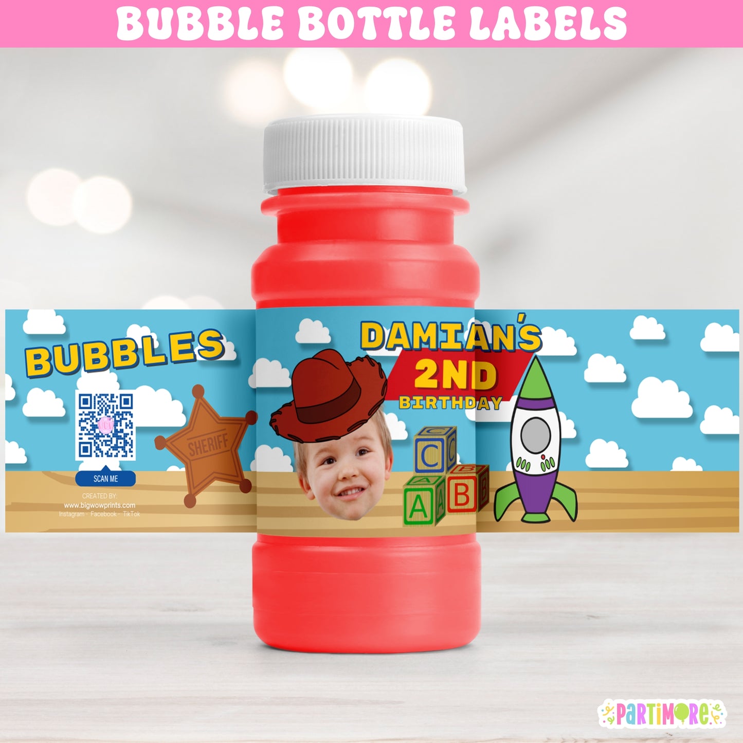 cowboy and space adventure bubble bottle labels in red yellow blue and green personalized with name and age perfect for two infinity 2nd birthday roundup party or space ranger celebration