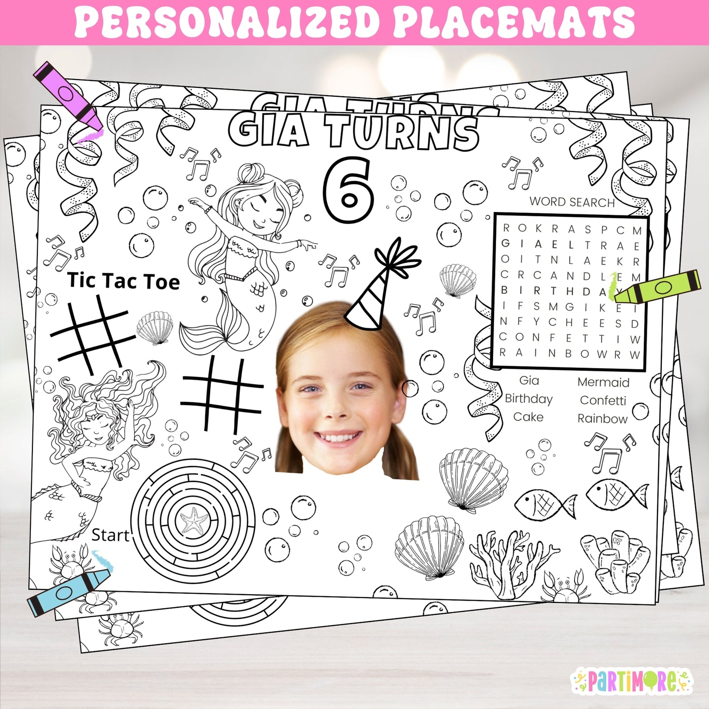 Mermaid Birthday Activity Coloring Placemats, Mermaid Decorations, Mermaid Party Supplies, Pool Party Favor Box Accessories, Kids Table Setting