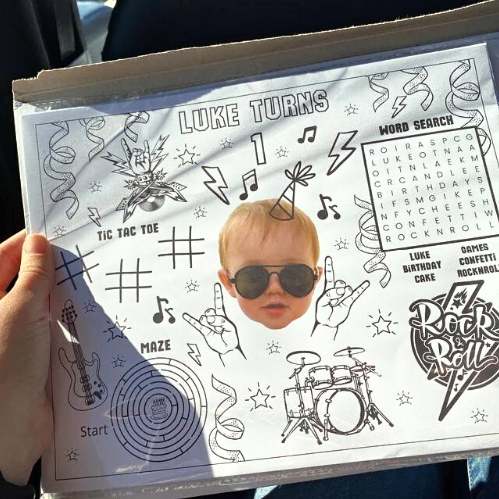 Rock And Roll Birthday Coloring Placemat Activity Sheets For Kids, Rock Star Party Favors, Born Two Rock, One Rocks, Punk Rock Guitar Drums Music