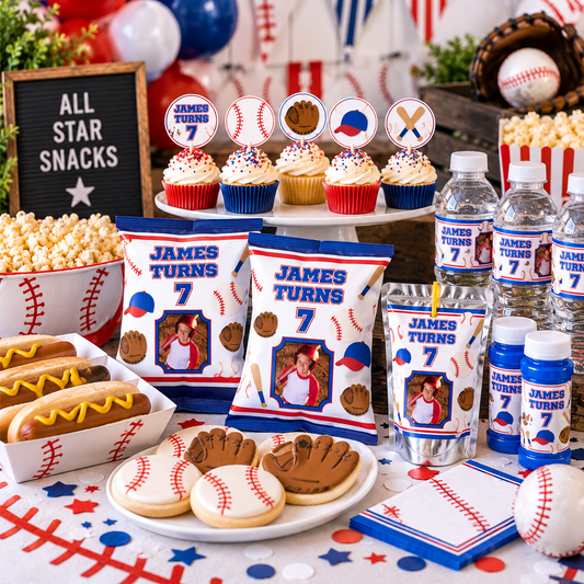 Baseball birthday party table with personalized party favors, cupcakes and red white and blue decorations