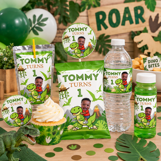 Personalized dinosaur birthday party favors and decorations including custom photo chip bags, cupcake toppers, cups and dino party supplies