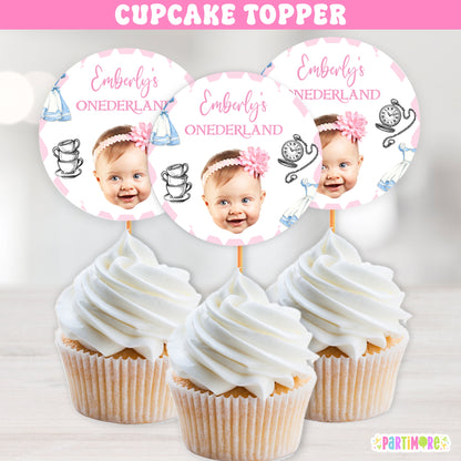 Custom Alice Storybook Tea Party Cupcake Toppers | Personalized Onderland First Birthday Party Decorations
