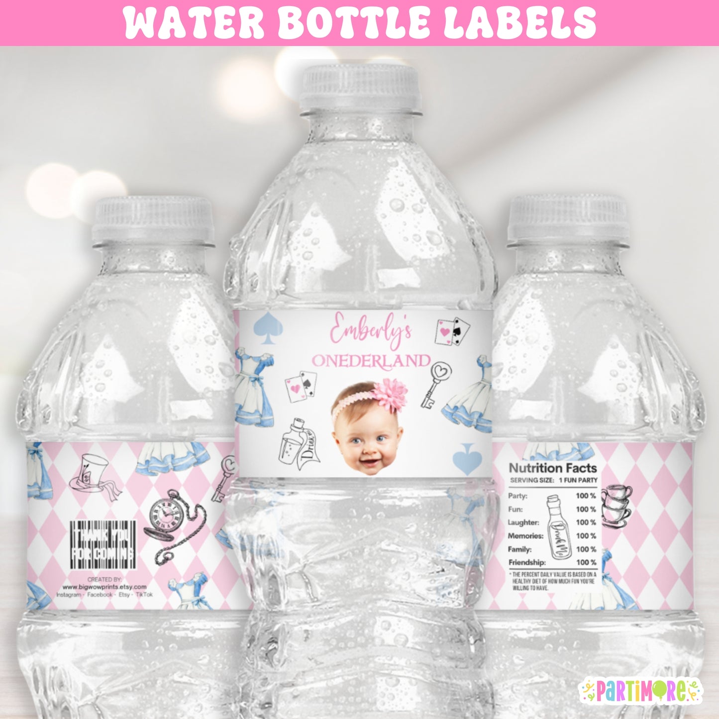 Alice Storybook Tea Party Water Bottle Labels | Personalized Onederland Party Stickers