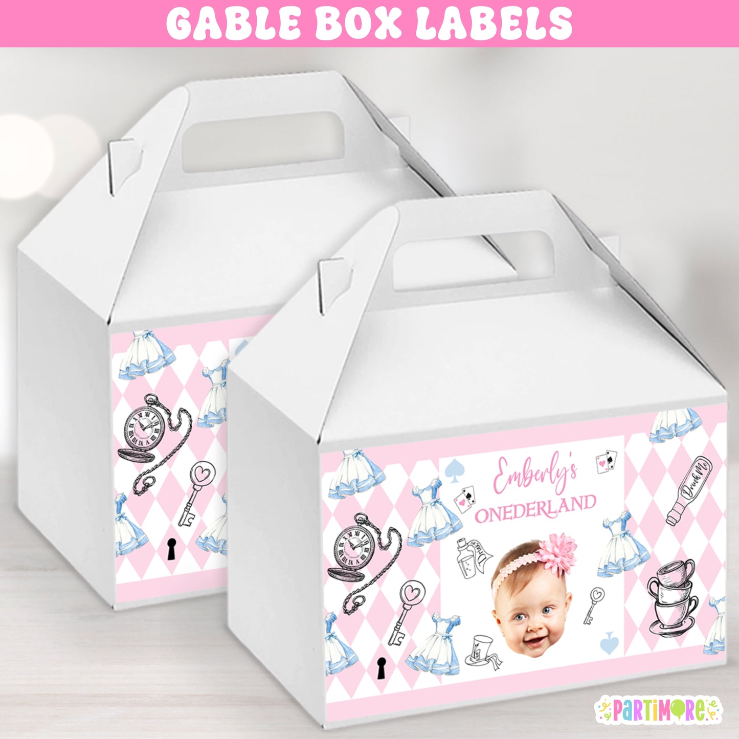Alice Storybook Tea Party Gable Box Labels | Personalized Onderland First Birthday Party Favor Stickers