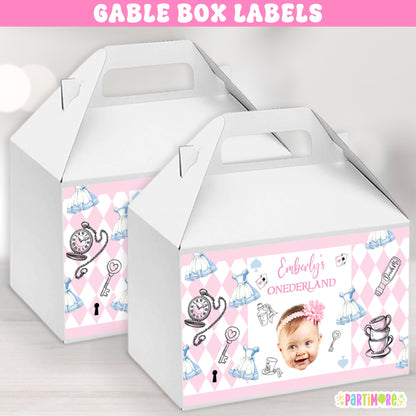 Alice Storybook Tea Party Gable Box Labels | Personalized Onderland First Birthday Party Favor Stickers