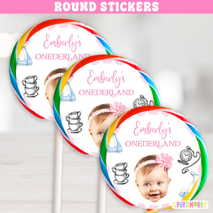 Personalized Alice Storybook Fairytale Lollipop Round Stickers | Custom Onederland Tea Party Favor Labels | Girls 1st Birthday Party Decor