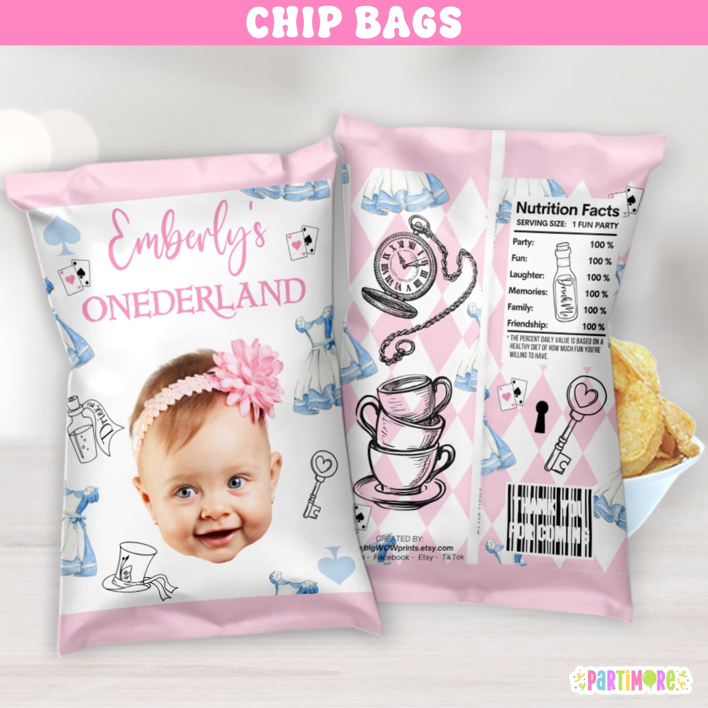 Personalized Onderland Tea Party Chip Bags | Girls 1st Birthday Snack Bag Party Favors