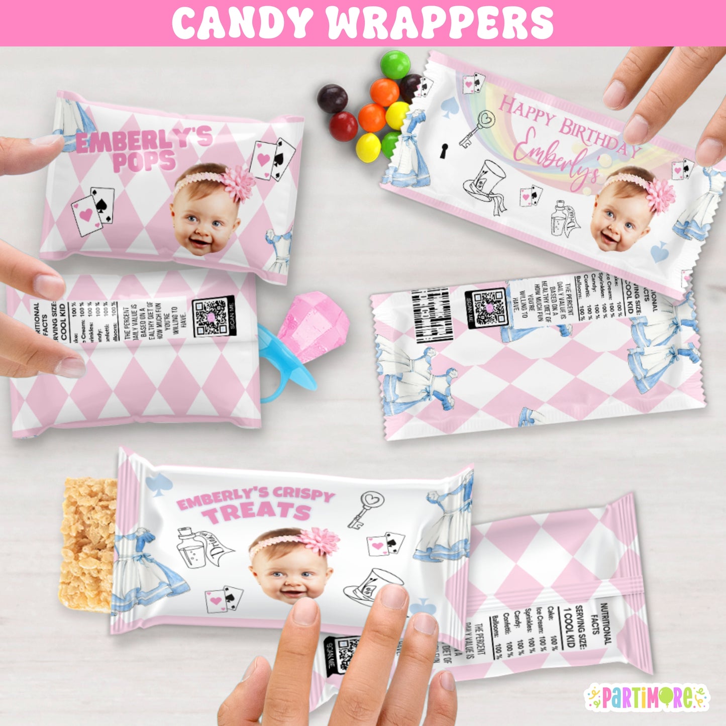 Custom Alice Storybook Candy Wrappers | Personalized Onederland Tea Party | Girls First Birthday Favors
