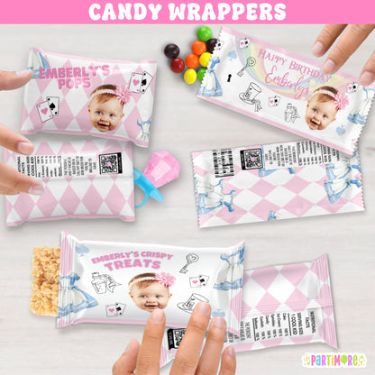 Custom Alice Storybook Candy Wrappers | Personalized Onederland Tea Party | Girls First Birthday Favors