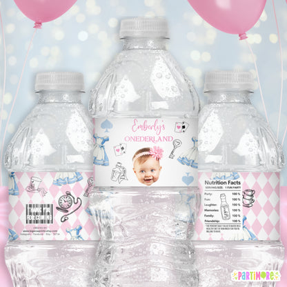 Alice Storybook Tea Party Water Bottle Labels | Personalized Onederland Party Stickers