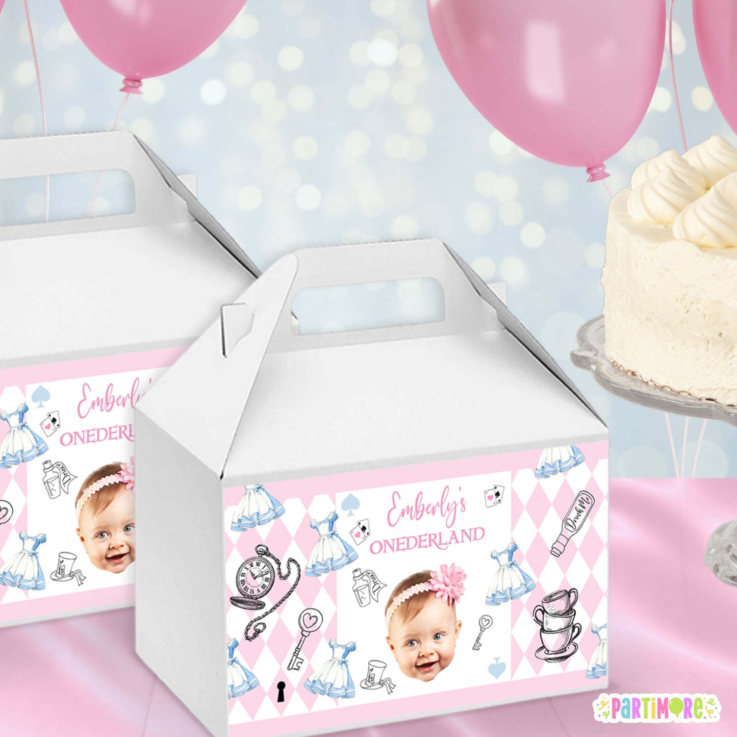Alice Storybook Tea Party Gable Box Labels | Personalized Onderland First Birthday Party Favor Stickers