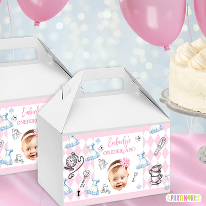 Alice Storybook Tea Party Gable Box Labels | Personalized Onderland First Birthday Party Favor Stickers