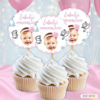 Custom Alice Storybook Tea Party Cupcake Toppers | Personalized Onderland First Birthday Party Decorations