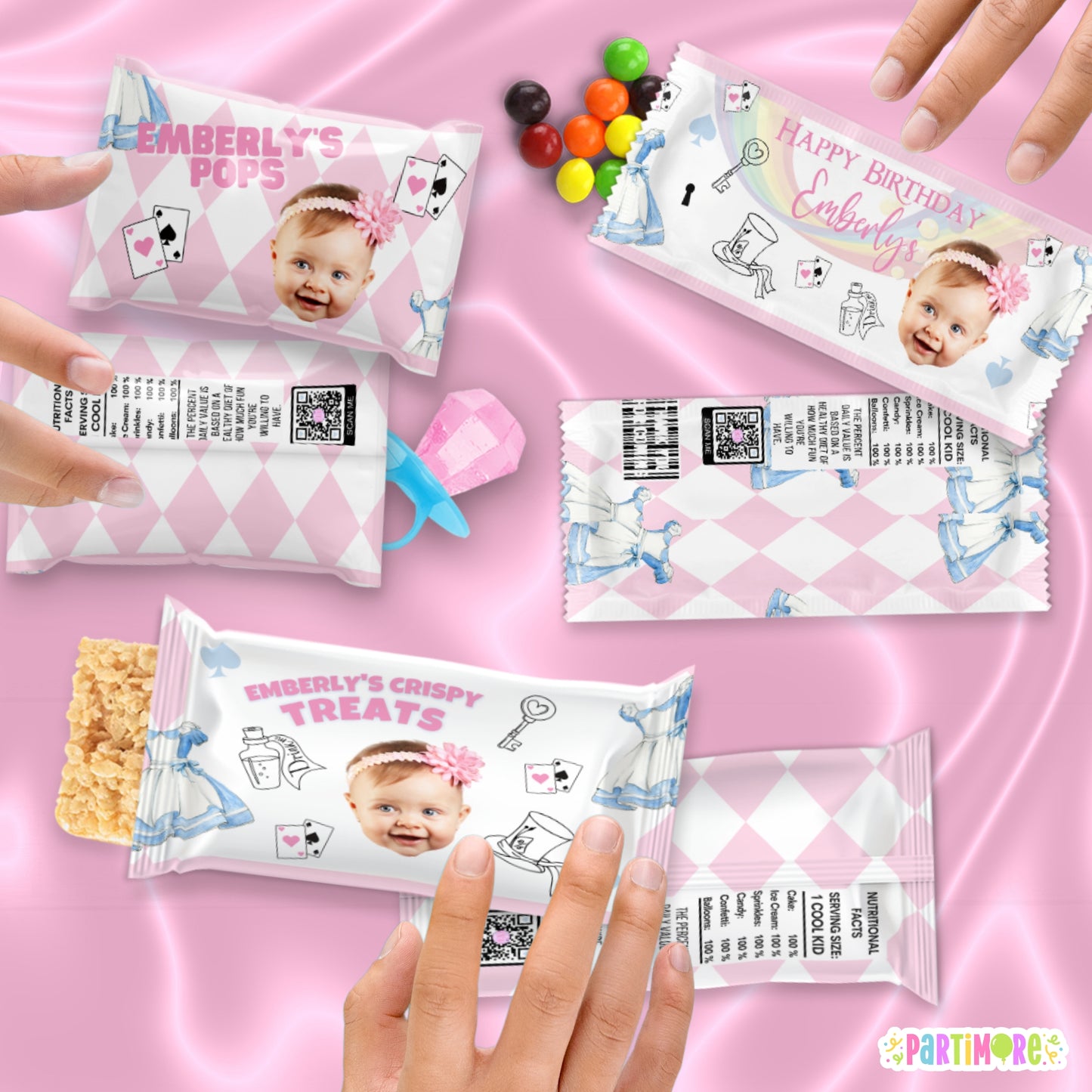 Custom Alice Storybook Candy Wrappers | Personalized Onederland Tea Party | Girls First Birthday Favors