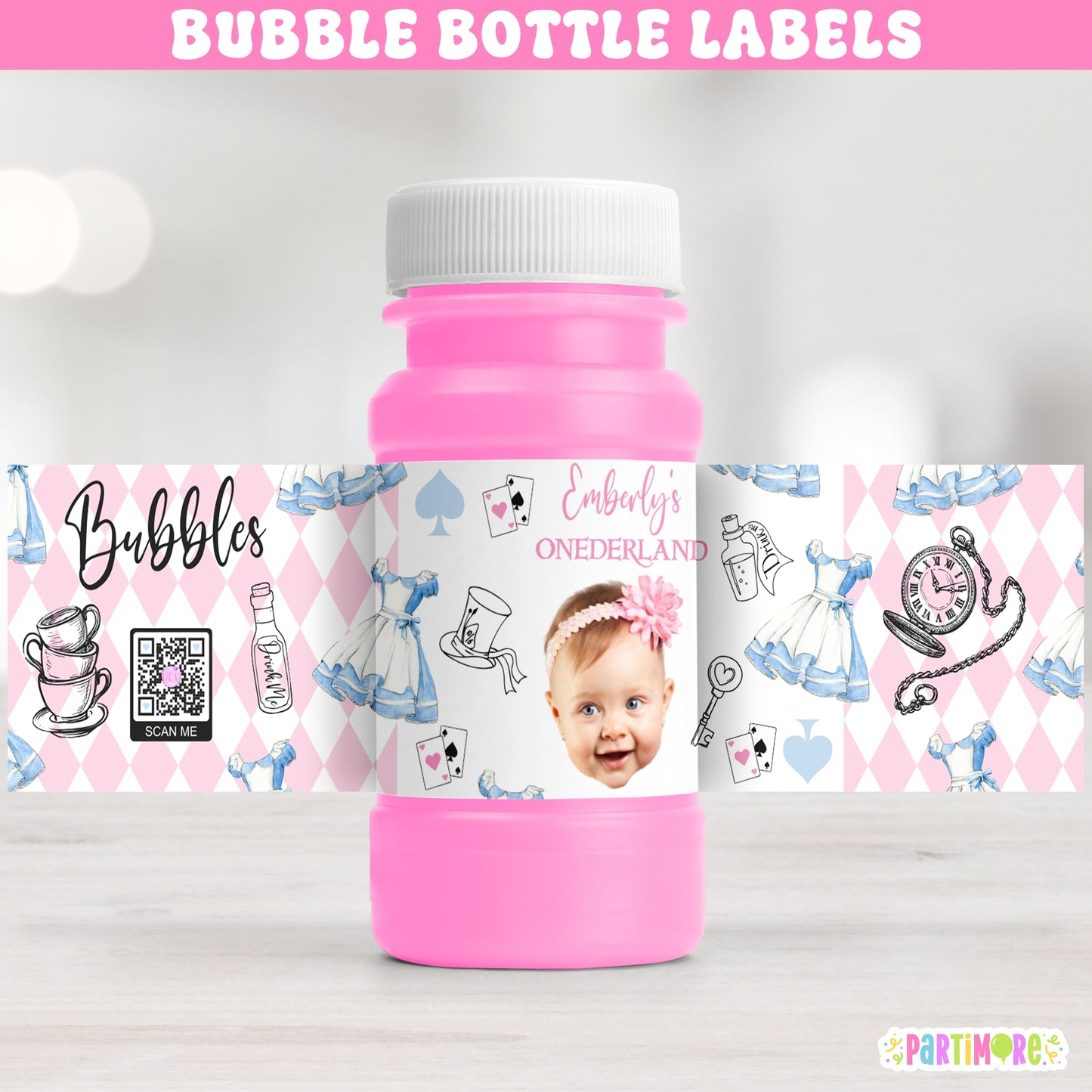 Personalized Alice Storybook Tea Party Vintage Bubble Bottle Labels | Onederland First Birthday Stickers