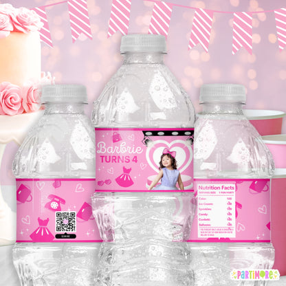 Glam Pink Fashion Doll Water Bottle Labels | Personalized Party Drink Stickers