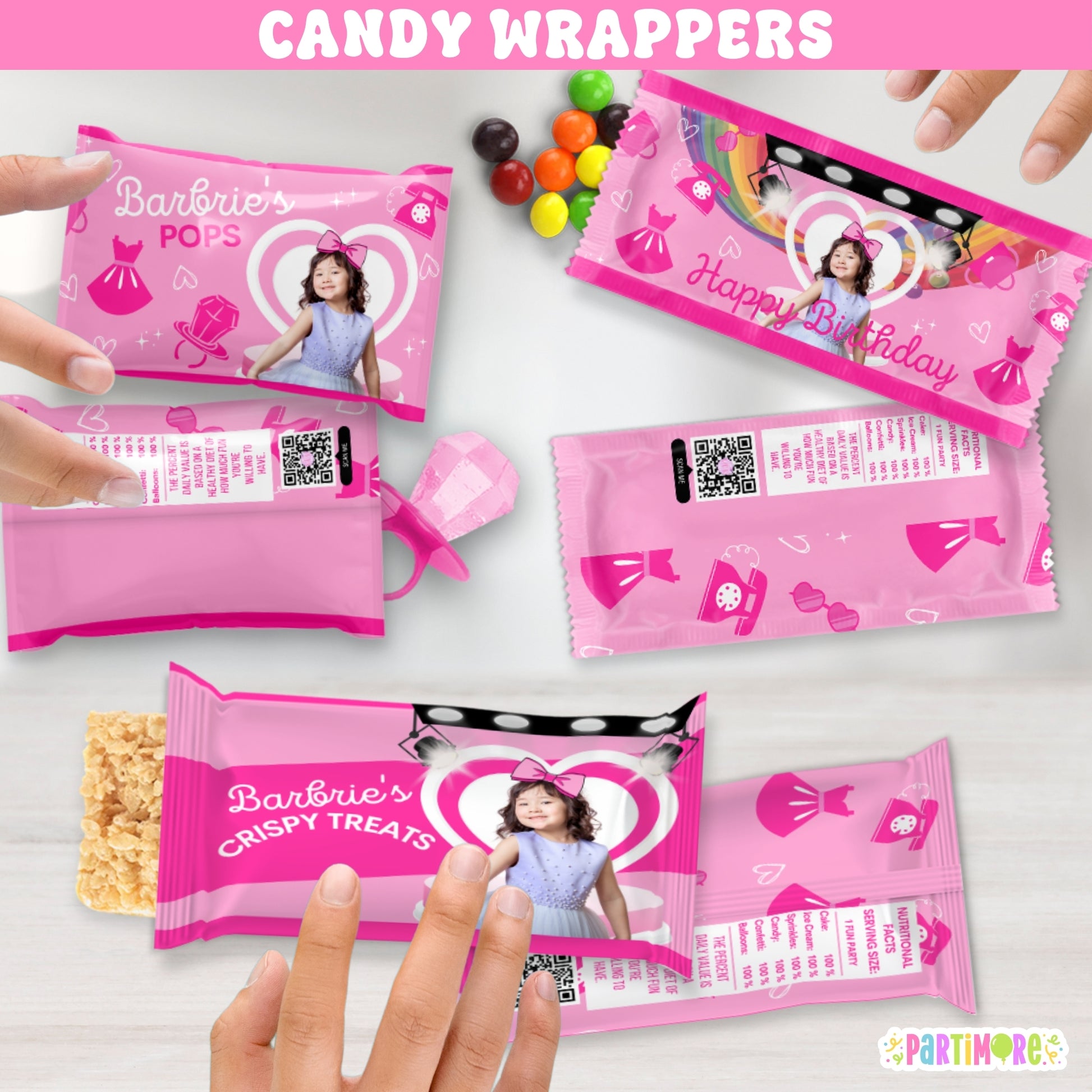 Custom pink fashion doll candy wrappers for girl's birthday, glamorous doll-inspired party favors for small treats, personalized name and age