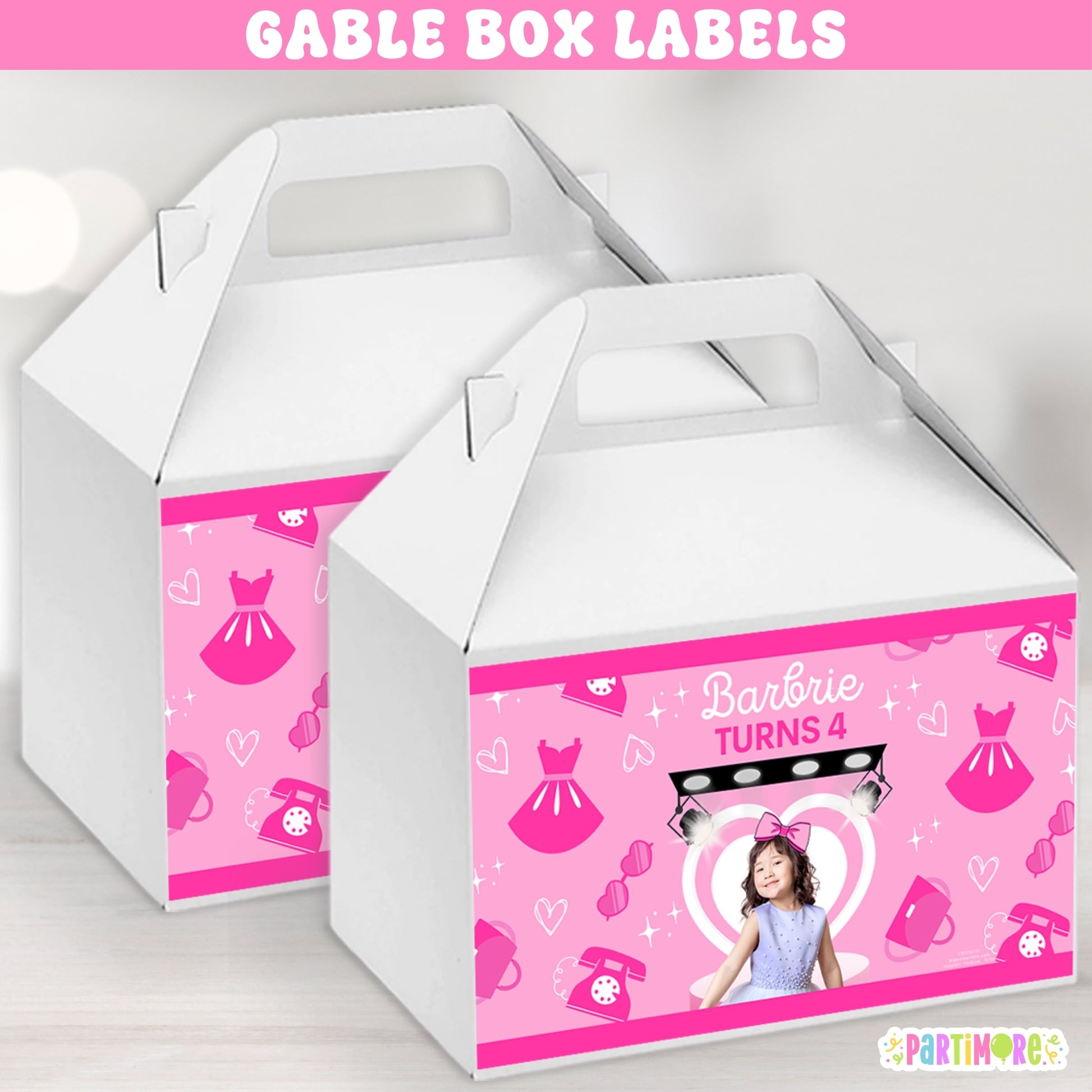 Pink fashion runway doll gable box labels for girl's birthday party, glamorous doll-inspired favor boxes with custom name and age