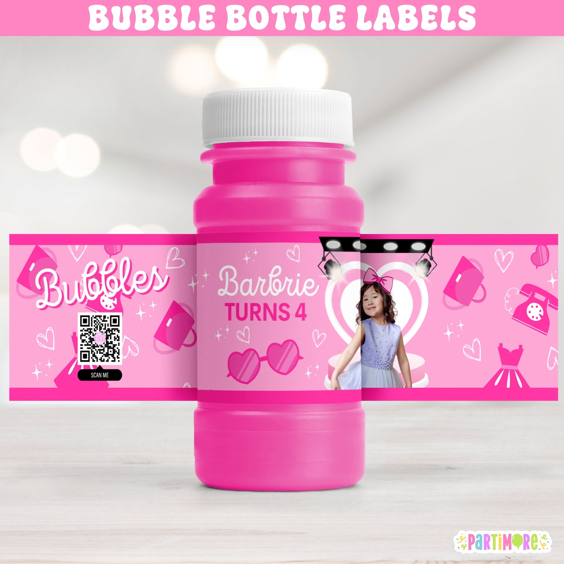 Personalized pink fashion doll bubble bottle labels for girl's birthday, doll-inspired glam party favors with name and age