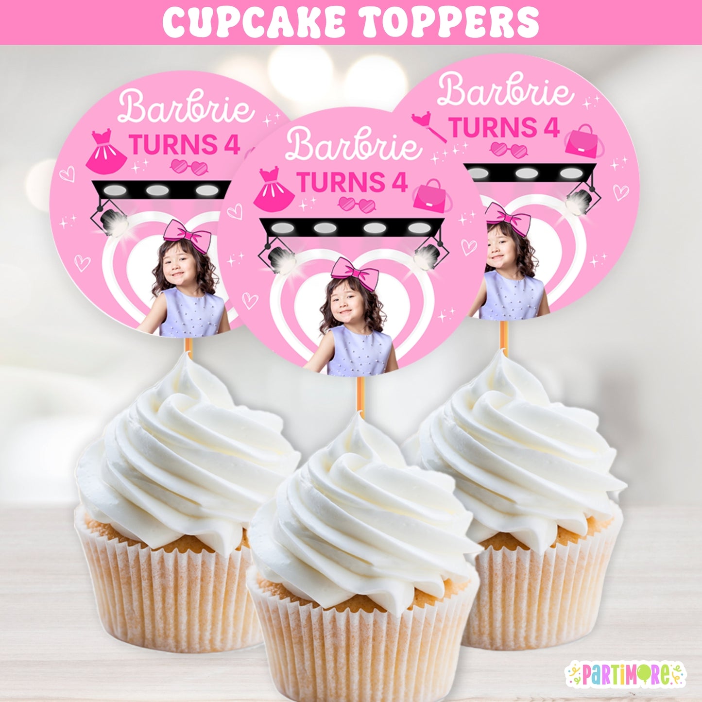 Custom pink fashion doll cupcake toppers for girl's birthday party, glamorous runway doll-inspired cake decorations with name and age