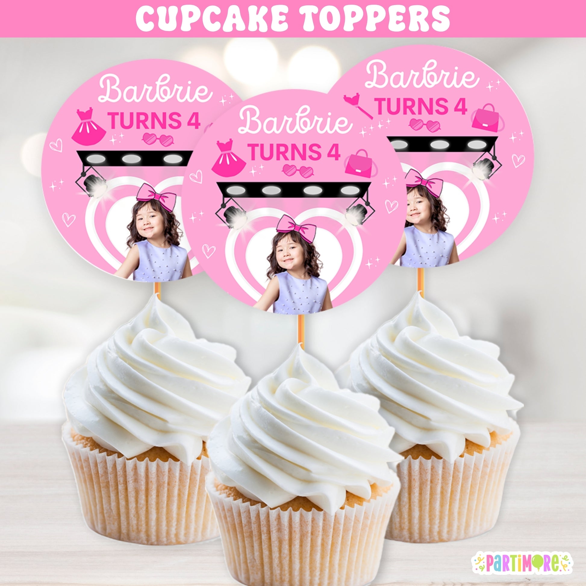 Custom pink fashion doll cupcake toppers for girl's birthday party, glamorous runway doll-inspired cake decorations with name and age