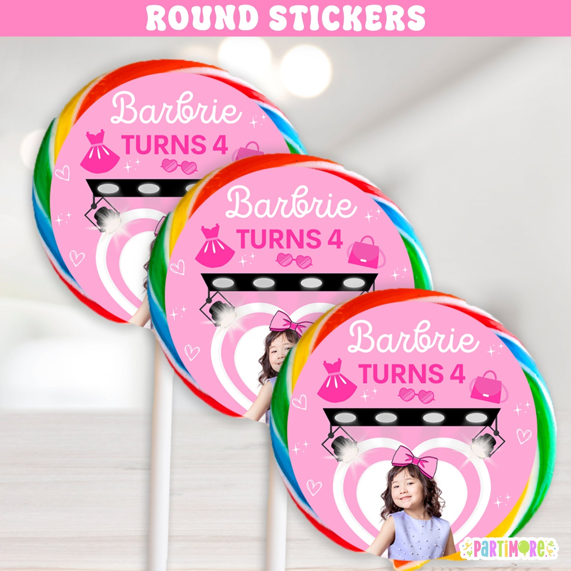 Pink fashion doll round stickers for lollipops, girl's glam doll-inspired birthday party favors, personalized with name and age