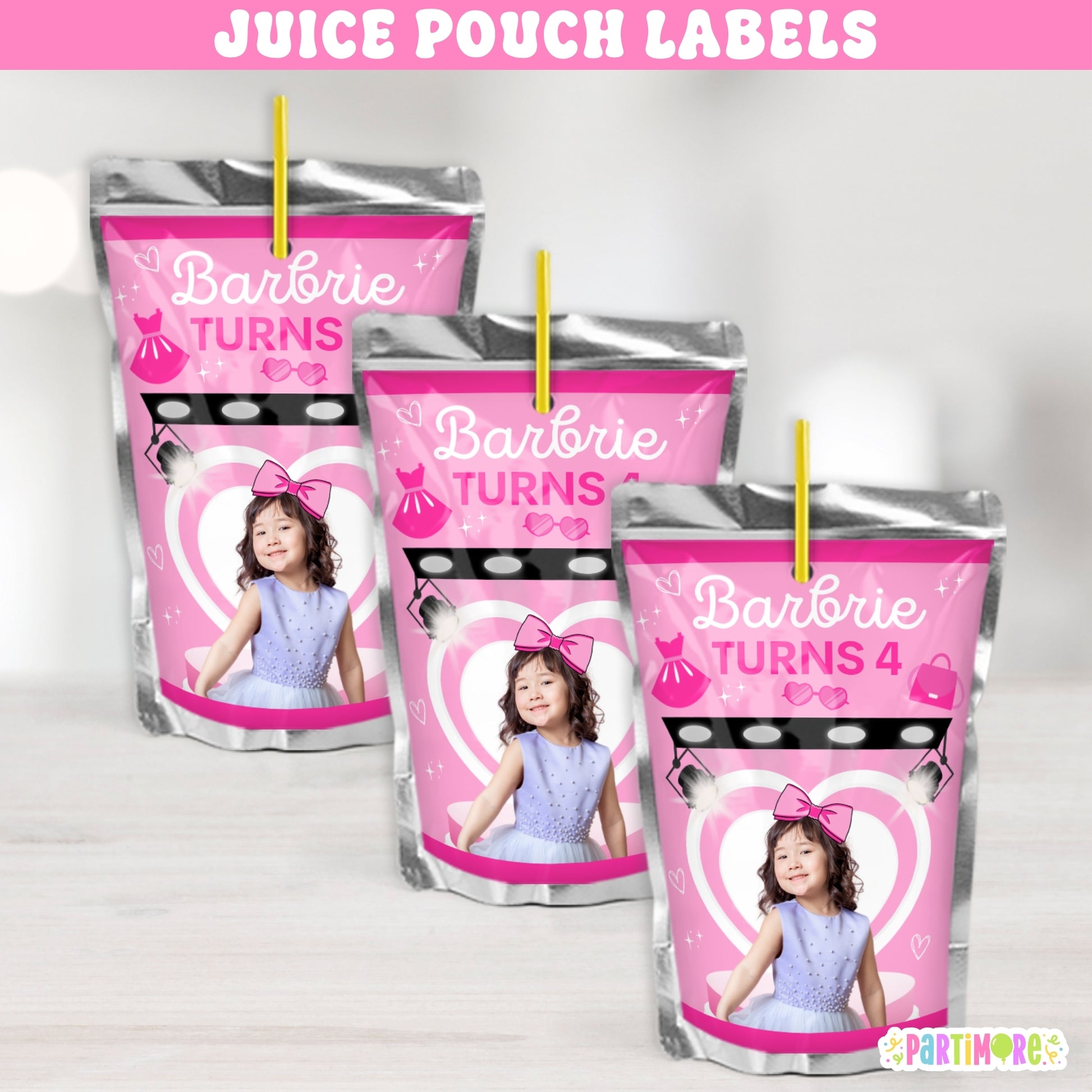 Personalized hot pink fashion doll juice pouch labels for girl's runway birthday, glamorous doll-inspired party drink wraps with name and age