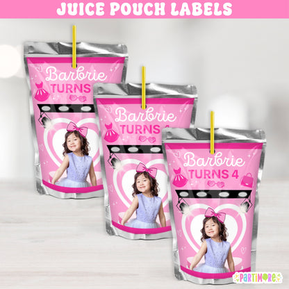 Personalized hot pink fashion doll juice pouch labels for girl's runway birthday, glamorous doll-inspired party drink wraps with name and age
