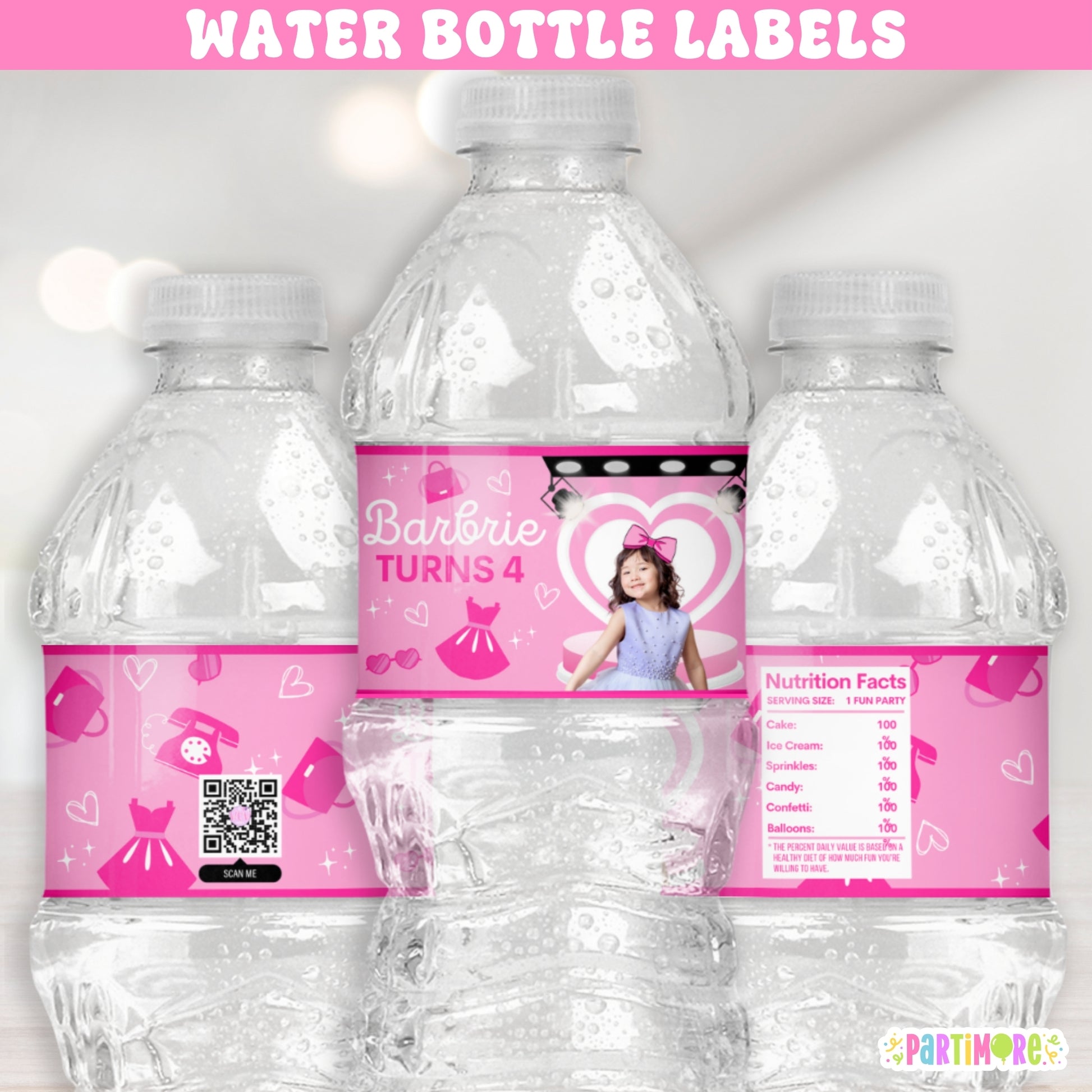 Custom hot pink fashion doll runway water bottle labels for girl's birthday party, doll-inspired glam drink wrappers, with personalized name and age