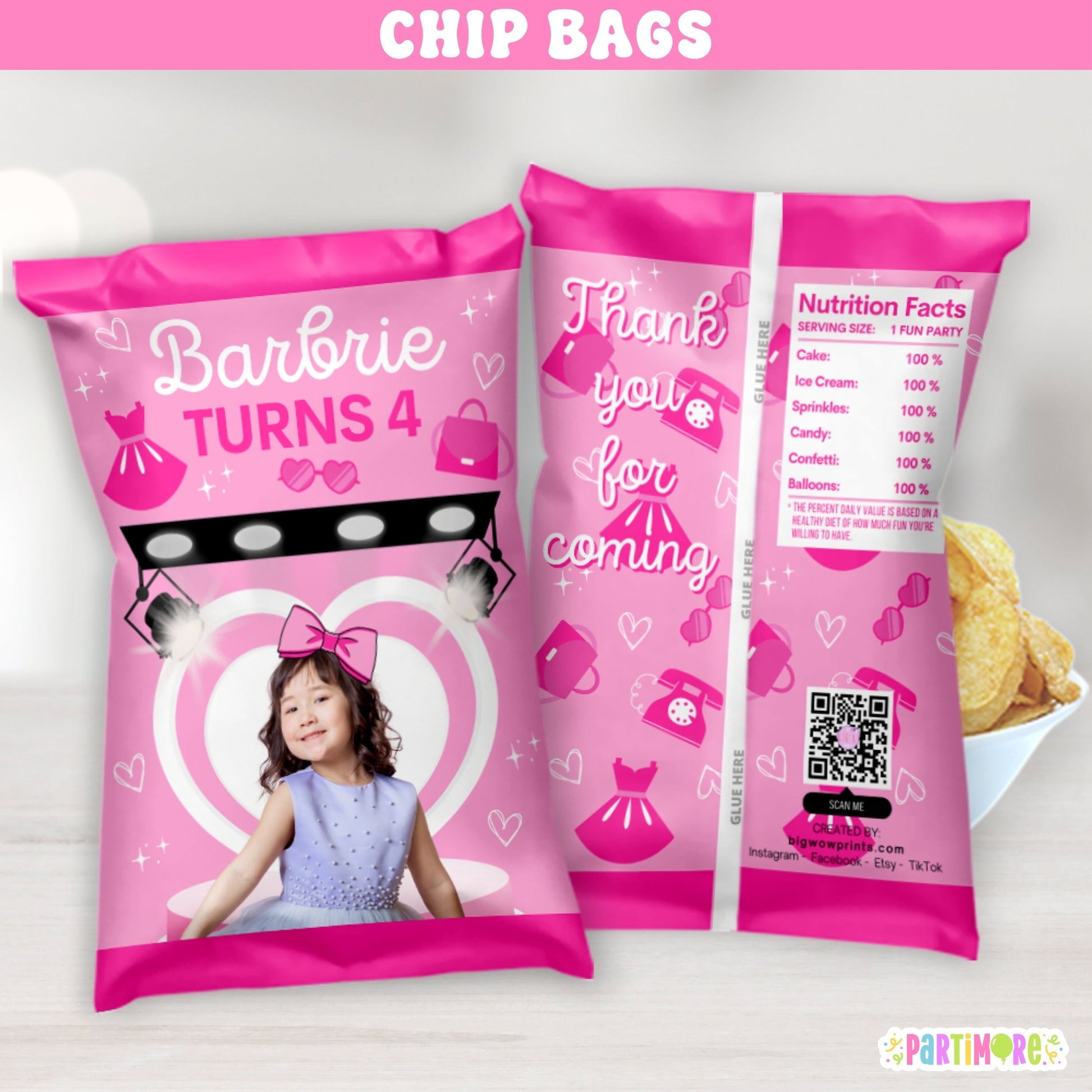 Personalized pink fashion doll chip bag wrappers for girl's birthday party, glam doll-inspired snack bags with custom name and age