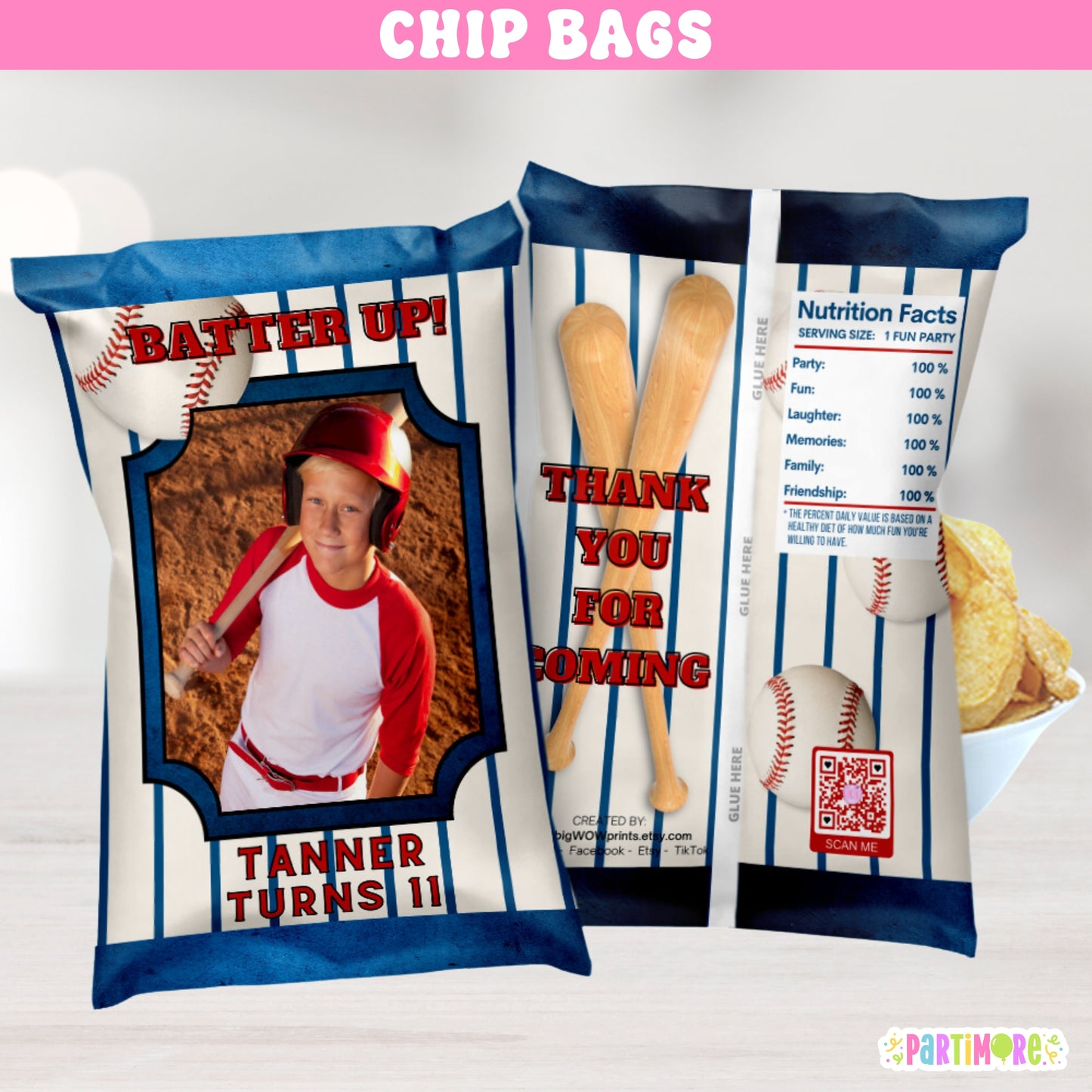 Personalized Baseball Chip Bags | Custom Sports Birthday Party Favor Snack Bag Wrappers