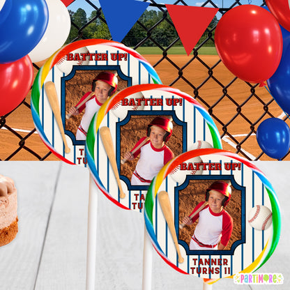 Personalized Baseball Lollipop Round Stickers | Custom Sports Party Favors