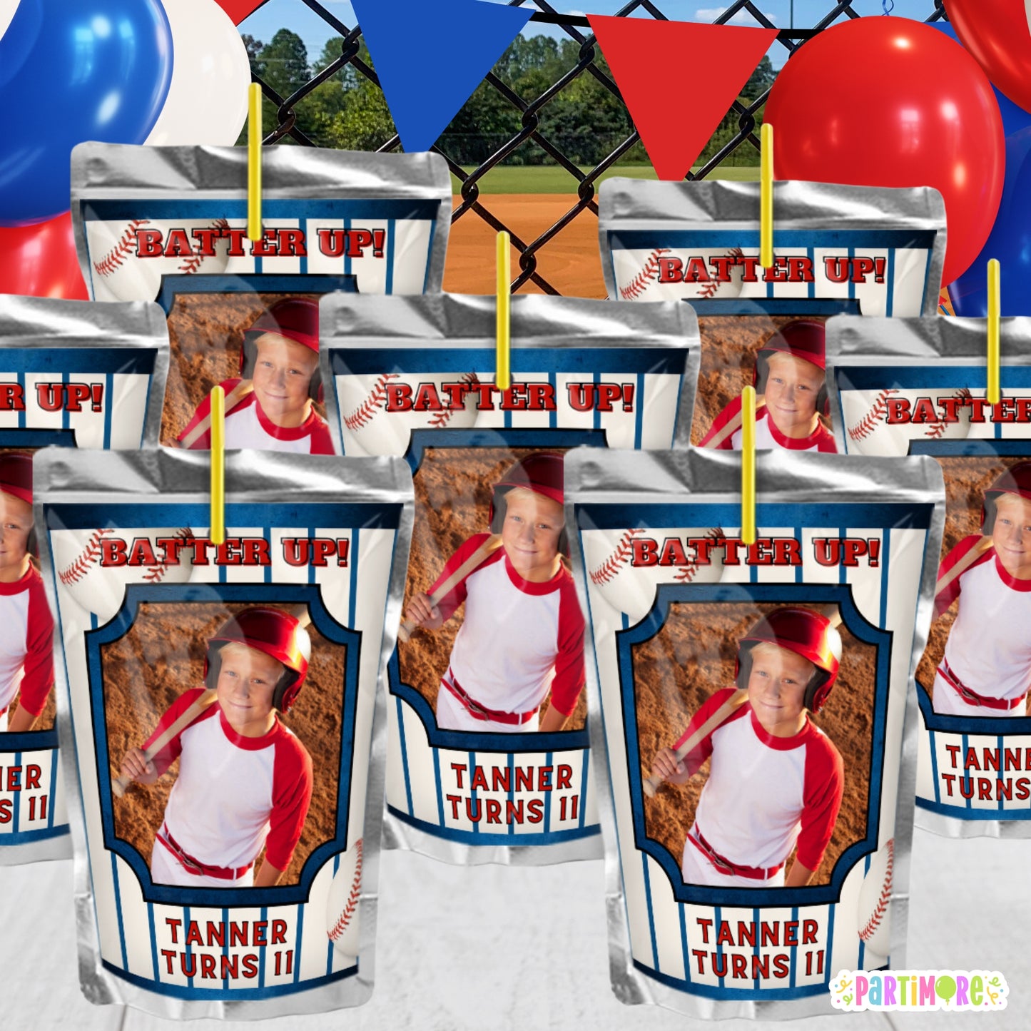 Personalized Baseball Juice Pouch Label Stickers | Custom Sports Birthday Party Favors