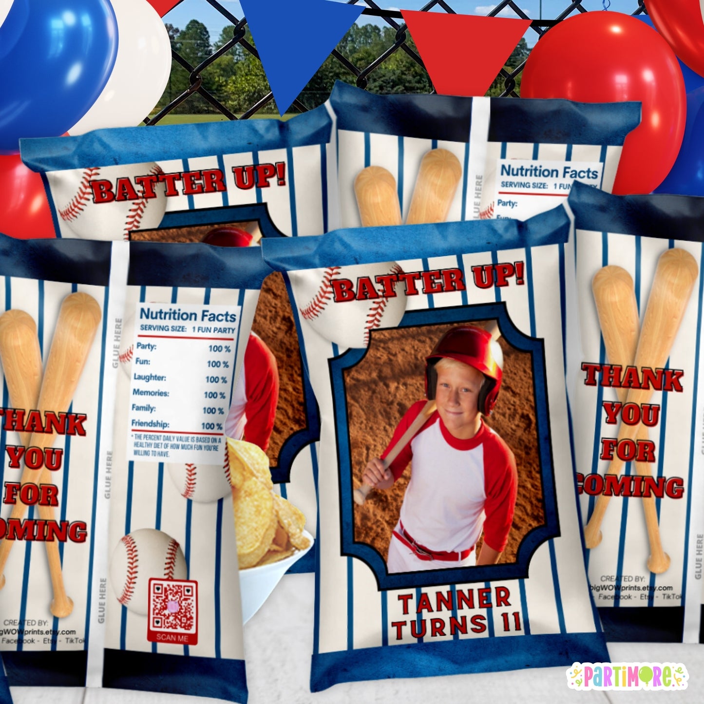 Personalized Baseball Chip Bags | Custom Sports Birthday Party Favor Snack Bag Wrappers