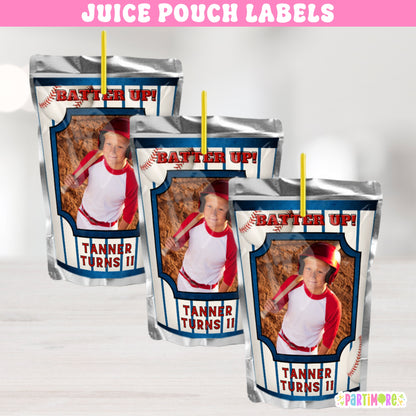 Personalized Baseball Juice Pouch Label Stickers | Custom Sports Birthday Party Favors