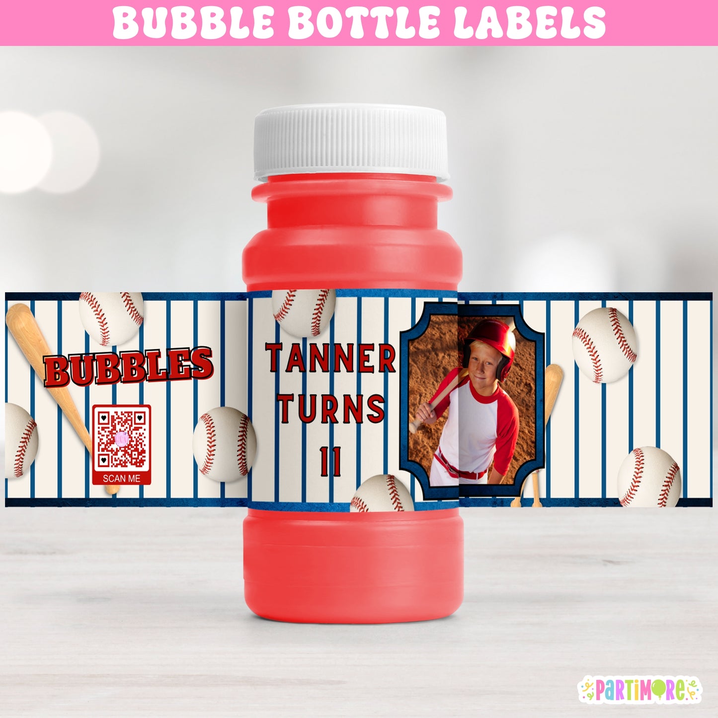 Personalized Baseball Bubble Bottle Labels | Custom Sports Party Favor Stickers | Vintage Baseball Bats