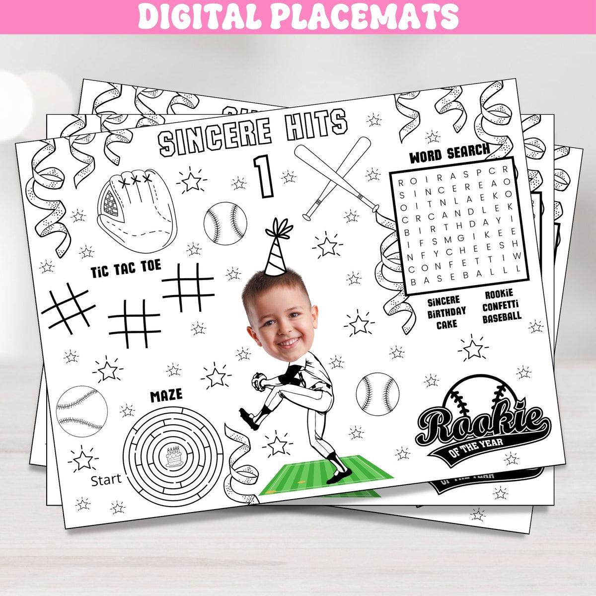 Personalized Baseball Coloring Placemat with Photo | Kids Baseball Birthday Party Activity - Set of 12