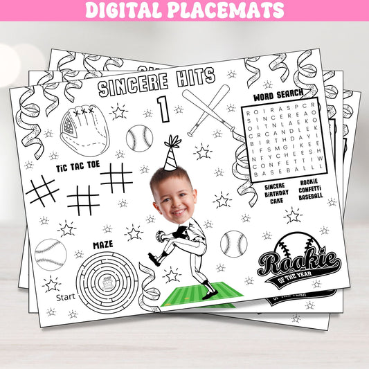 Personalized Baseball Coloring Placemat with Photo | Kids Baseball Birthday Party Activity - Set of 12